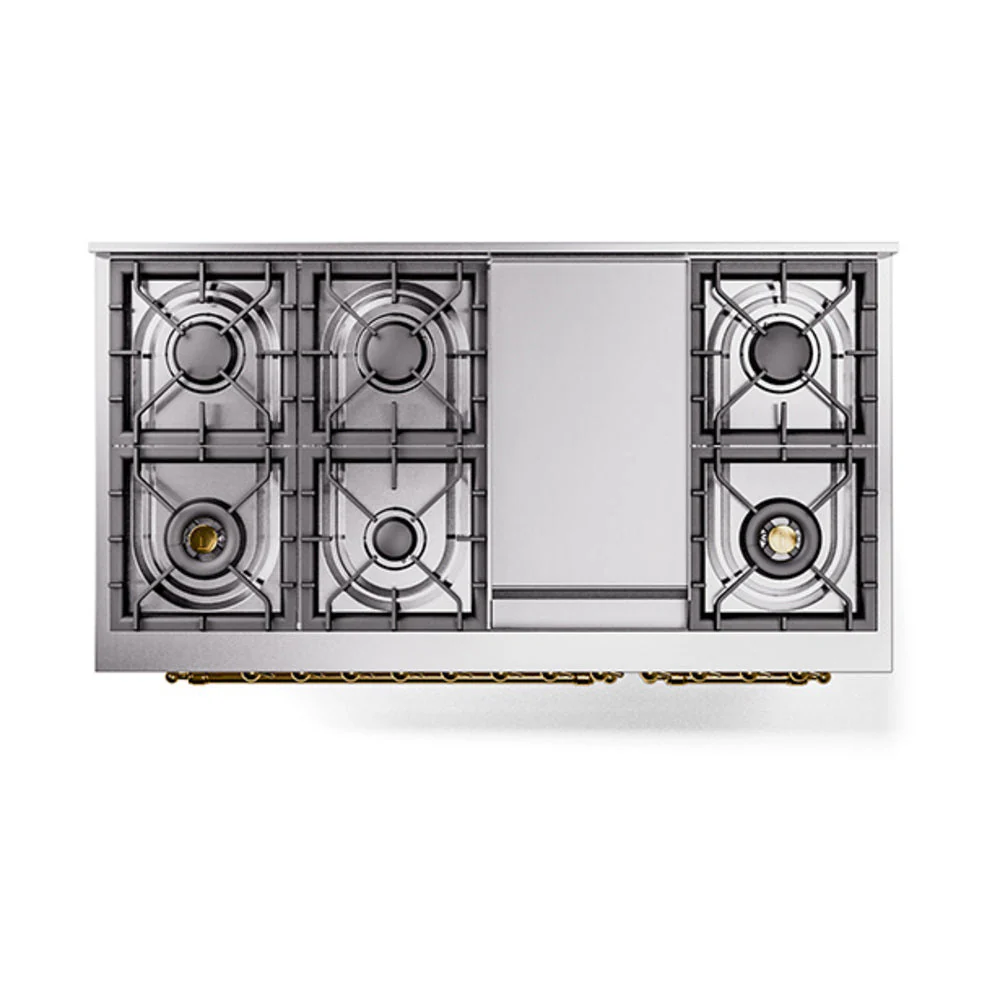ILVE Nostalgie II Noblesse 48-Inch Freestanding Natural Gas Dual Fuel Range with Solid Door Oven in Antique White with Brass Trim (UN48FQNMPAWG) - Image 3