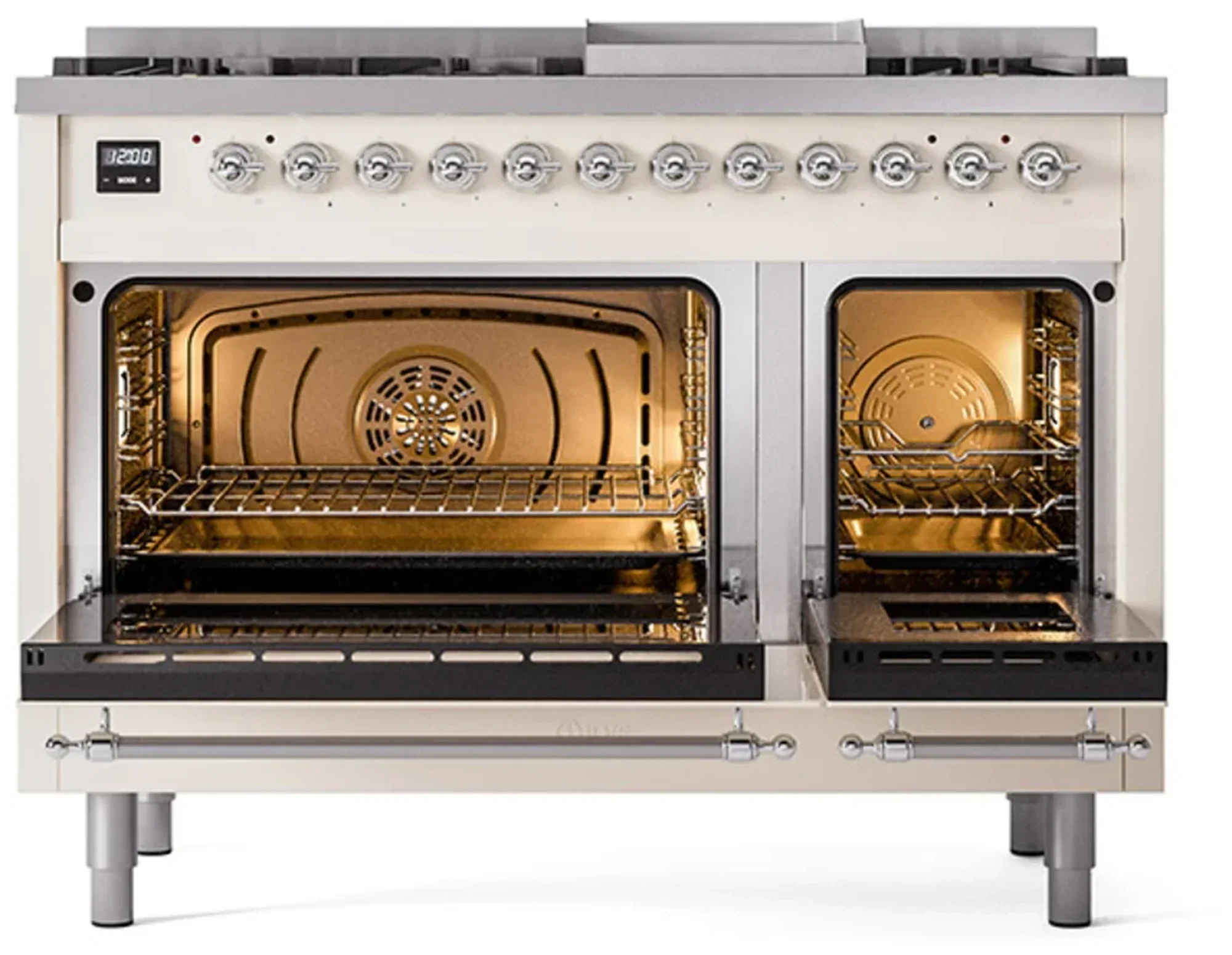 ILVE Nostalgie II Noblesse 48-Inch Freestanding Natural Gas Dual Fuel Range with Solid Door Oven in Antique White with Chrome Trim (UN48FQNMPAWC) - Image 2