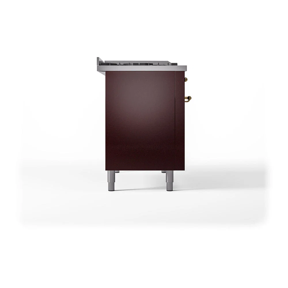 ILVE Nostalgie II Noblesse 48-Inch Freestanding Natural Gas Dual Fuel Range with Solid Door Oven in Burgundy with Brass Trim (UN48FQNMPBUG) - Image 4
