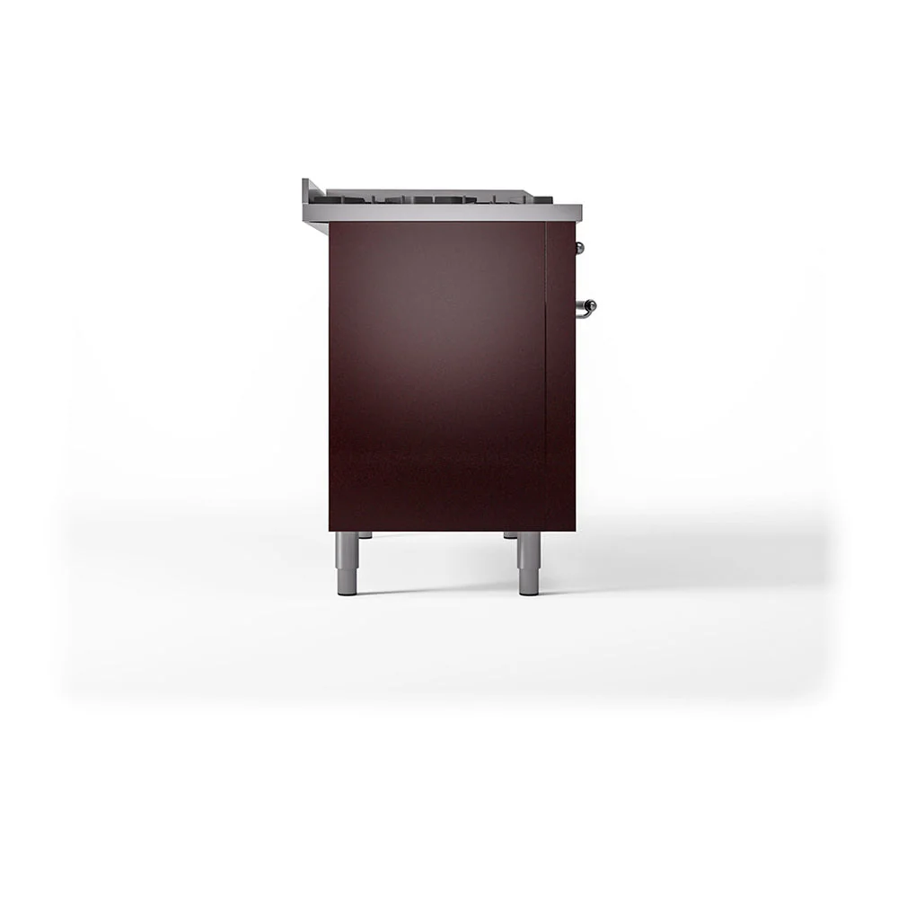 ILVE Nostalgie II Noblesse 48-Inch Freestanding Natural Gas Dual Fuel Range with Solid Door Oven in Burgundy with Chrome Trim (UN48FQNMPBUC) - Image 4