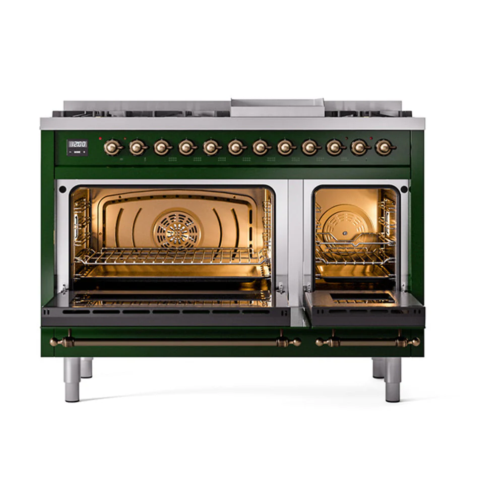 ILVE Nostalgie II Noblesse 48-Inch Freestanding Natural Gas Dual Fuel Range with Solid Door Oven in Emerald Green with Bronze Trim (UN48FQNMPEGB) - Image 2