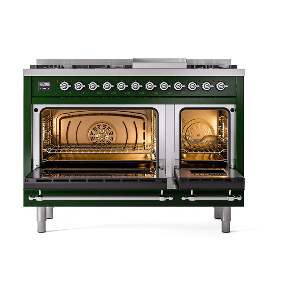 ILVE Nostalgie II Noblesse 48-Inch Freestanding Natural Gas Dual Fuel Range with Solid Door Oven in Emerald Green with Chrome Trim (UN48FQNMPEGC) - Image 2