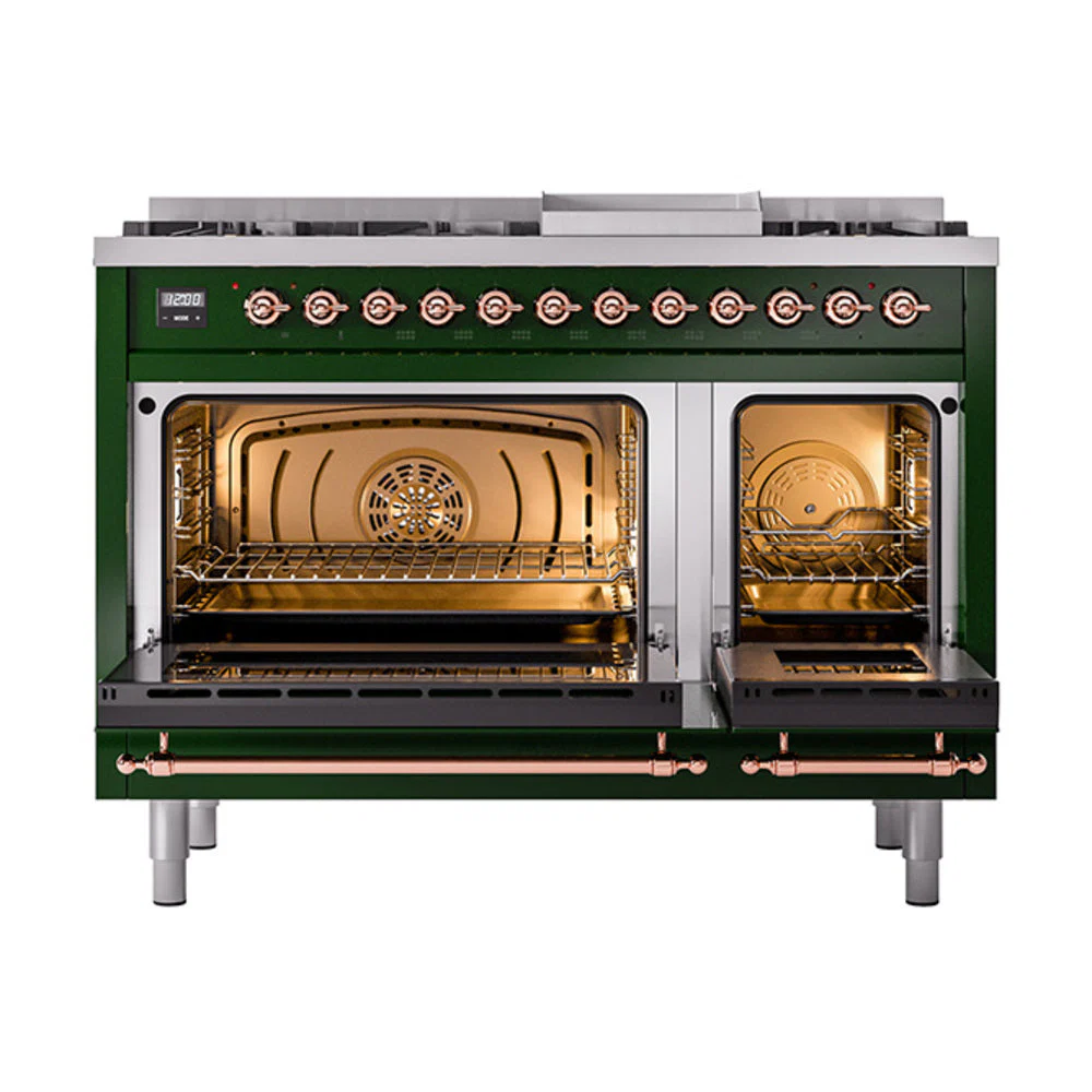 ILVE Nostalgie II Noblesse 48-Inch Freestanding Natural Gas Dual Fuel Range with Solid Door Oven in Emerald Green with Copper Trim (UN48FQNMPEGP) - Image 2