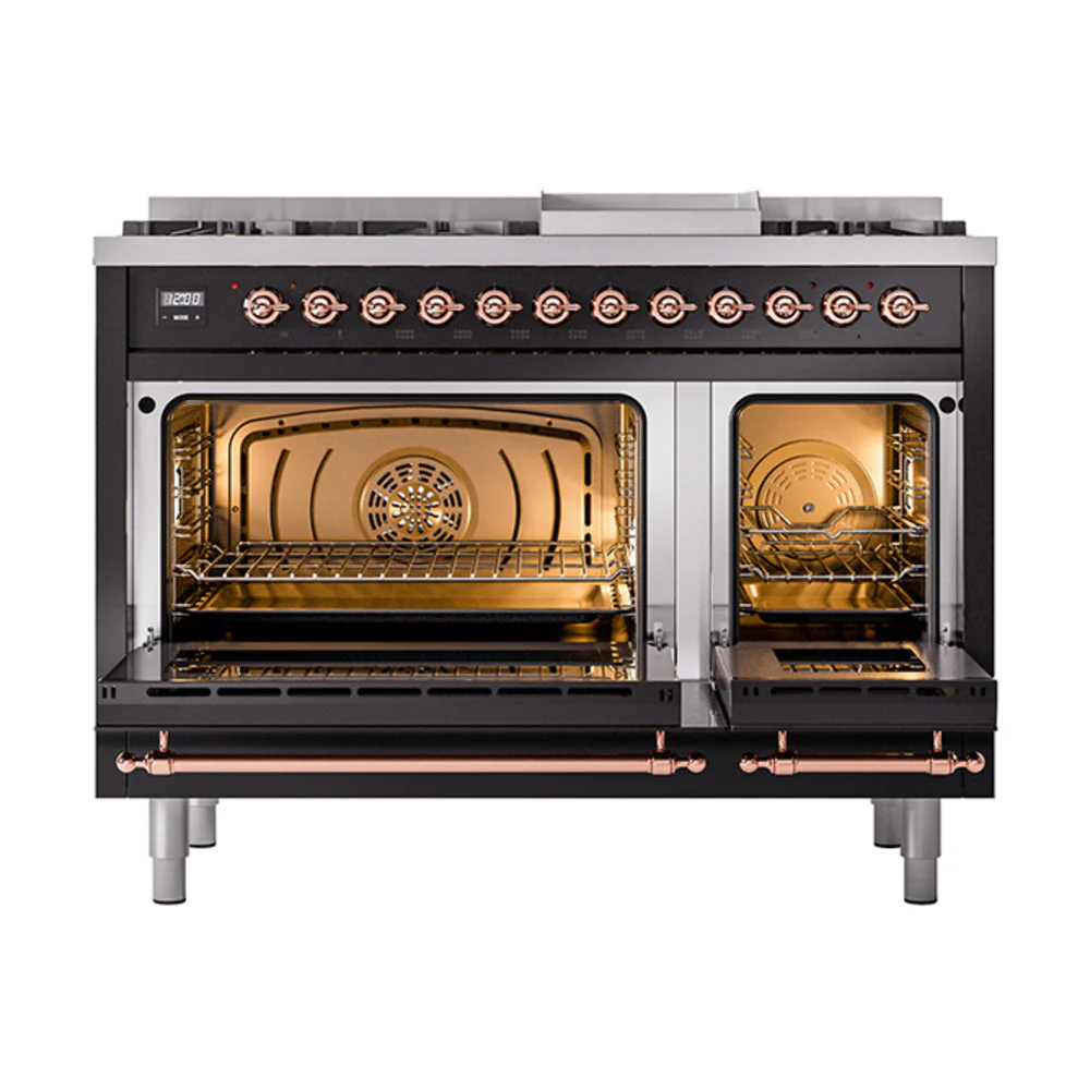 ILVE Nostalgie II Noblesse 48-Inch Freestanding Natural Gas Dual Fuel Range with Solid Door Oven in Glossy Black with Copper Trim (UN48FQNMPBKP) - Image 2