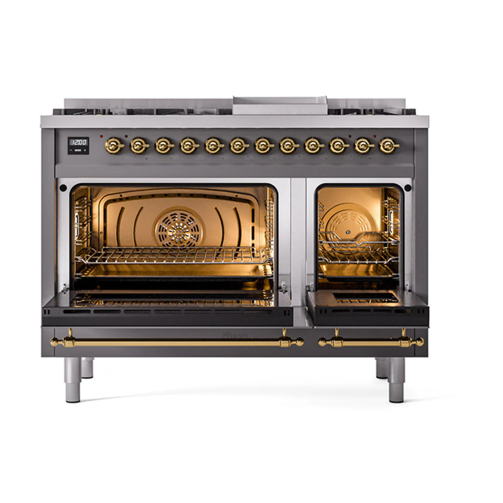 ILVE Nostalgie II Noblesse 48-Inch Freestanding Natural Gas Dual Fuel Range with Solid Door Oven in Matte Graphite with Brass Trim (UN48FQNMPMGG) - Image 2