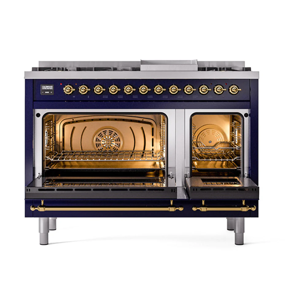 ILVE Nostalgie II Noblesse 48-Inch Freestanding Natural Gas Dual Fuel Range with Solid Door Oven in Midnight Blue with Brass Trim (UN48FQNMPMBG) - Image 2