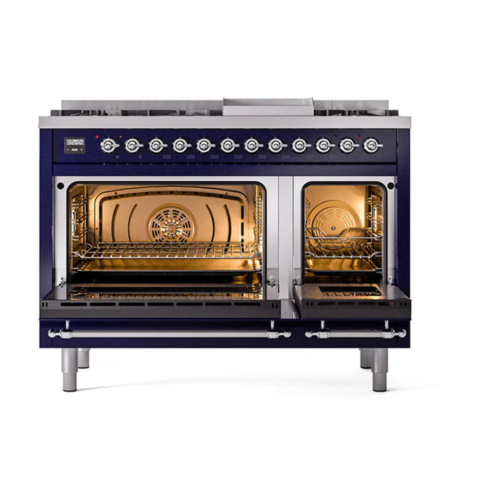 ILVE Nostalgie II Noblesse 48-Inch Freestanding Natural Gas Dual Fuel Range with Solid Door Oven in Midnight Blue with Chrome Trim (UN48FQNMPMBC) - Image 2