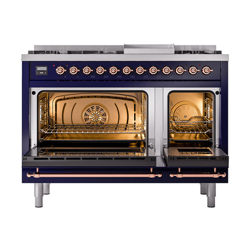 ILVE Nostalgie II Noblesse 48-Inch Freestanding Natural Gas Dual Fuel Range with Solid Door Oven in Midnight Blue with Copper Trim (UN48FQNMPMBP) - Image 2