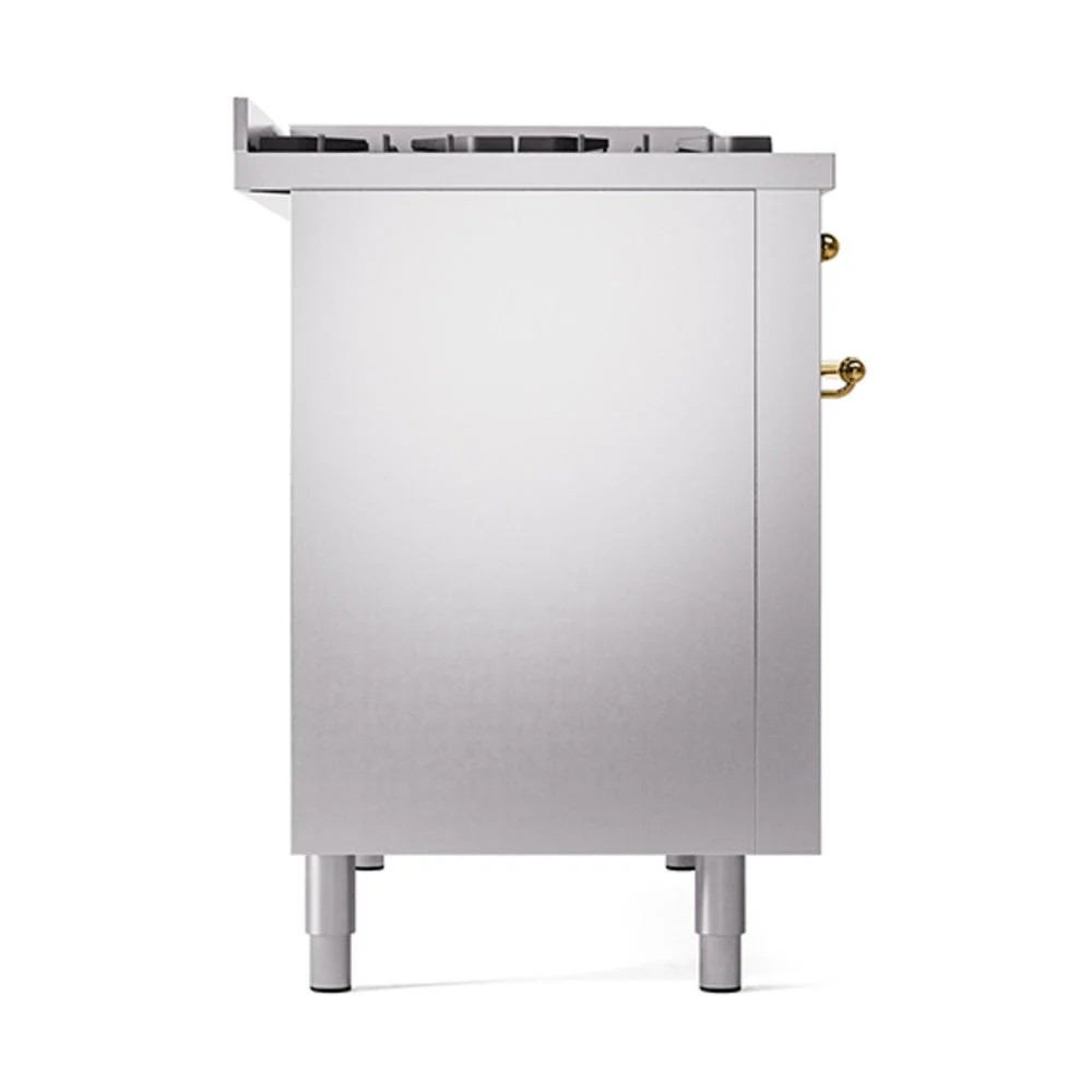 ILVE Nostalgie II Noblesse 48-Inch Freestanding Natural Gas Dual Fuel Range with Solid Door Oven in Stainless Steel with Brass Trim (UN48FQNMPSSG) - Image 4