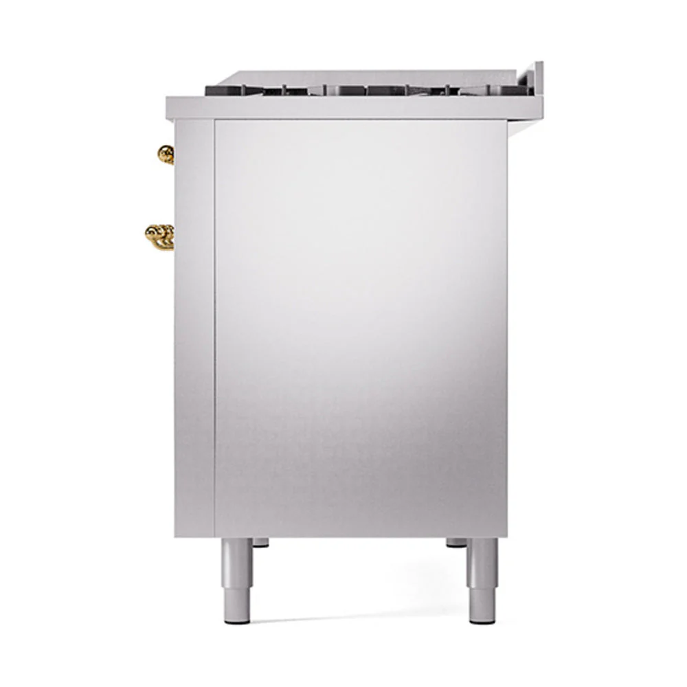 ILVE Nostalgie II Noblesse 48-Inch Freestanding Natural Gas Dual Fuel Range with Solid Door Oven in Stainless Steel with Brass Trim (UN48FQNMPSSG) - Image 5