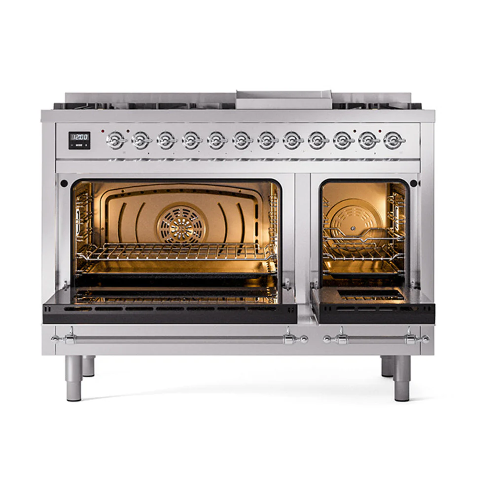 ILVE Nostalgie II Noblesse 48-Inch Freestanding Natural Gas Dual Fuel Range with Solid Door Oven in Stainless Steel with Chrome Trim (UN48FQNMPSSC) - Image 2