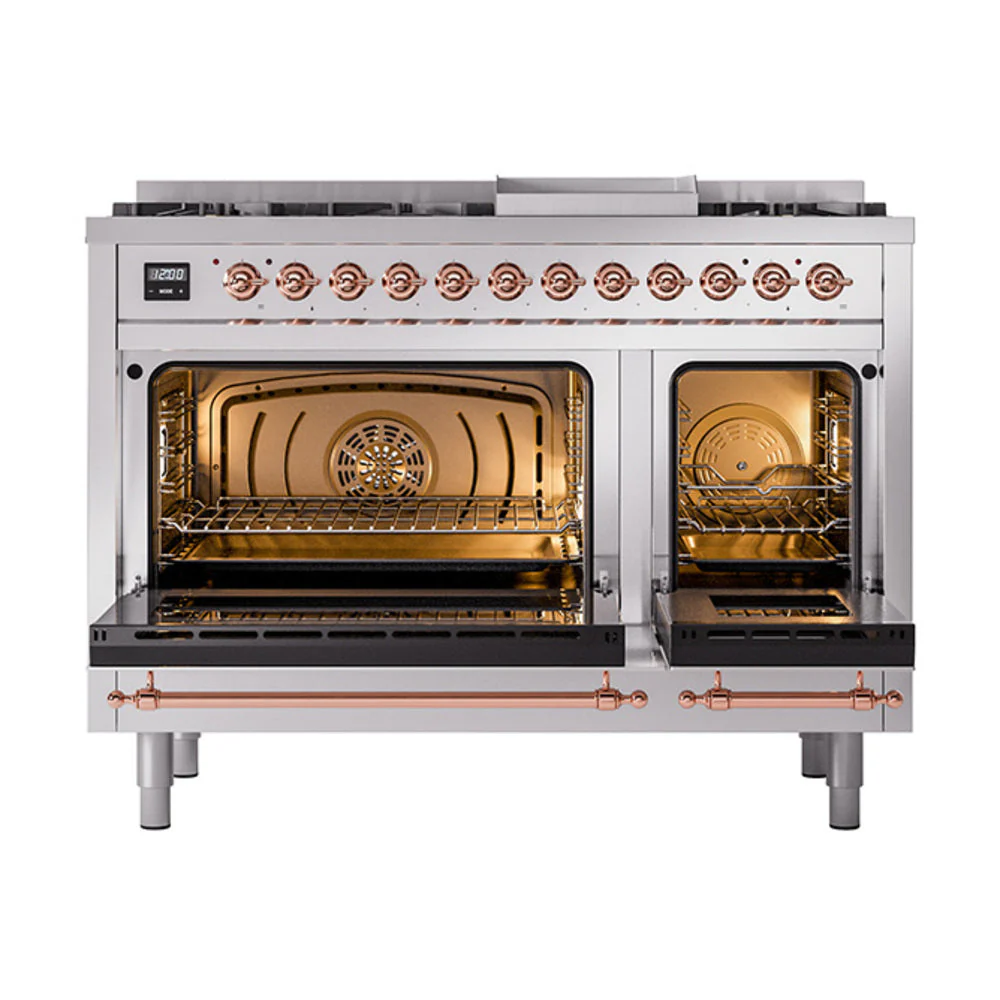 ILVE Nostalgie II Noblesse 48-Inch Freestanding Natural Gas Dual Fuel Range with Solid Door Oven in Stainless Steel with Copper Trim (UN48FQNMPSSP) - Image 2