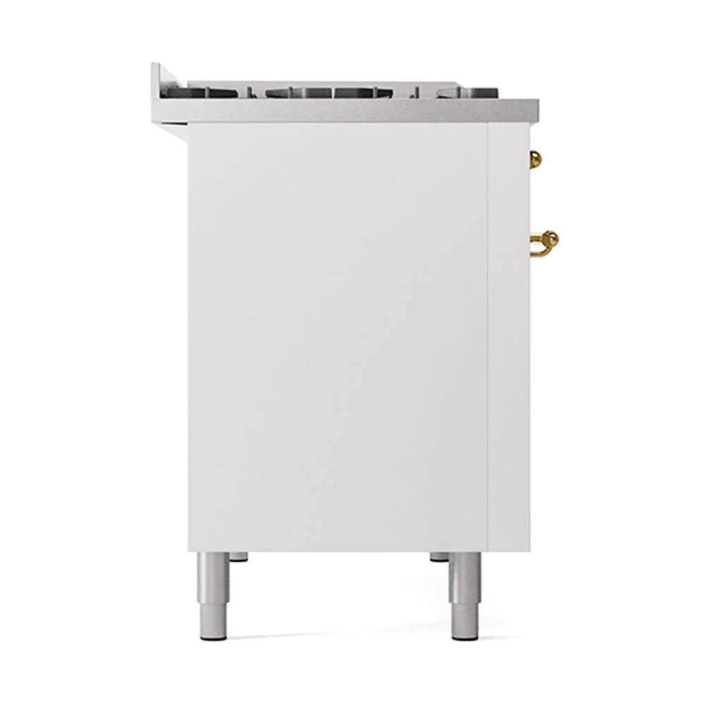 ILVE Nostalgie II Noblesse 48-Inch Freestanding Natural Gas Dual Fuel Range with Solid Door Oven in White with Brass Trim (UN48FQNMPWHG) - Image 4