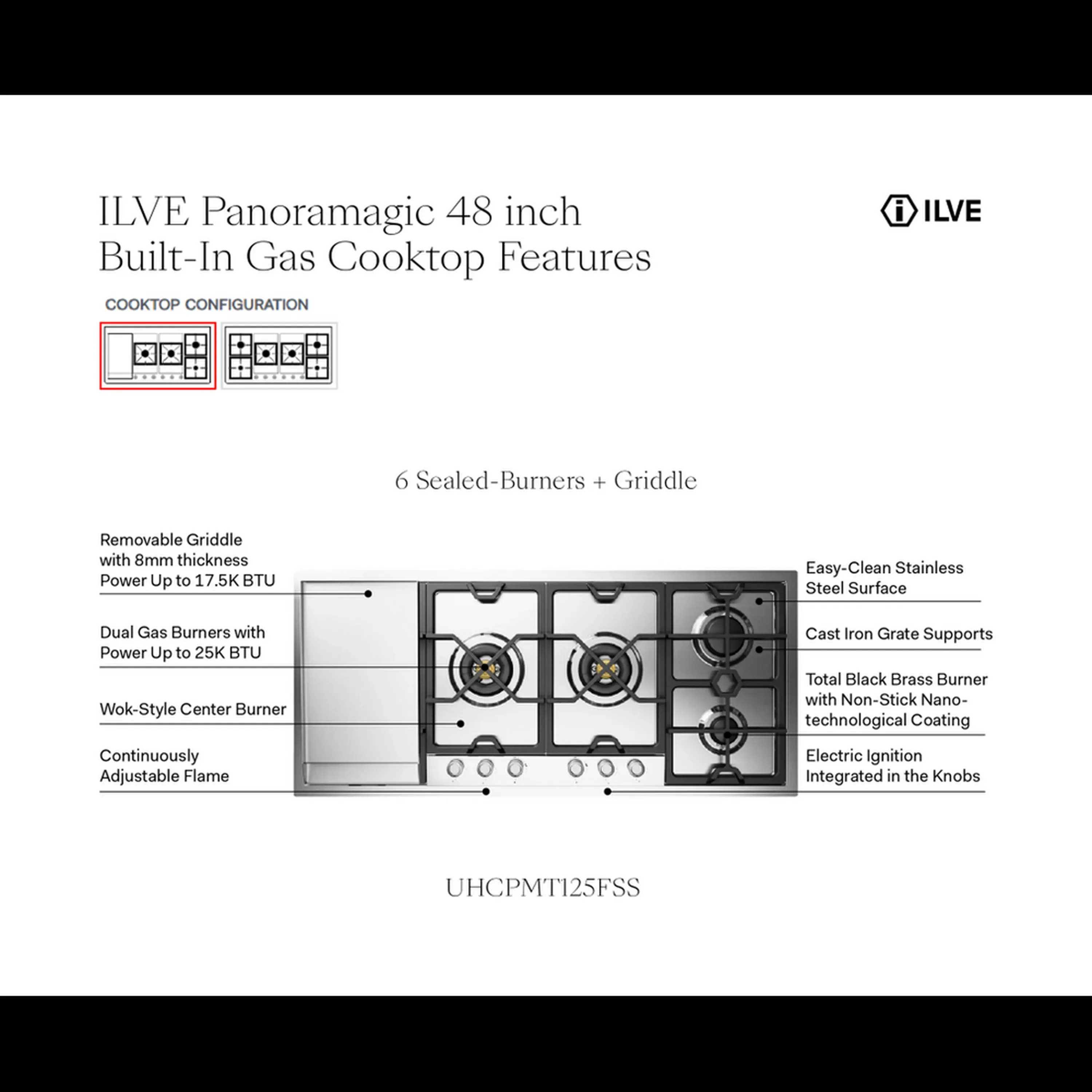 ILVE Panoramagic 48-Inch Built-In Natural Gas Cooktop with Total Black Brass Burners in Stainless Steel (UHCPMT125FSS) - Image 10