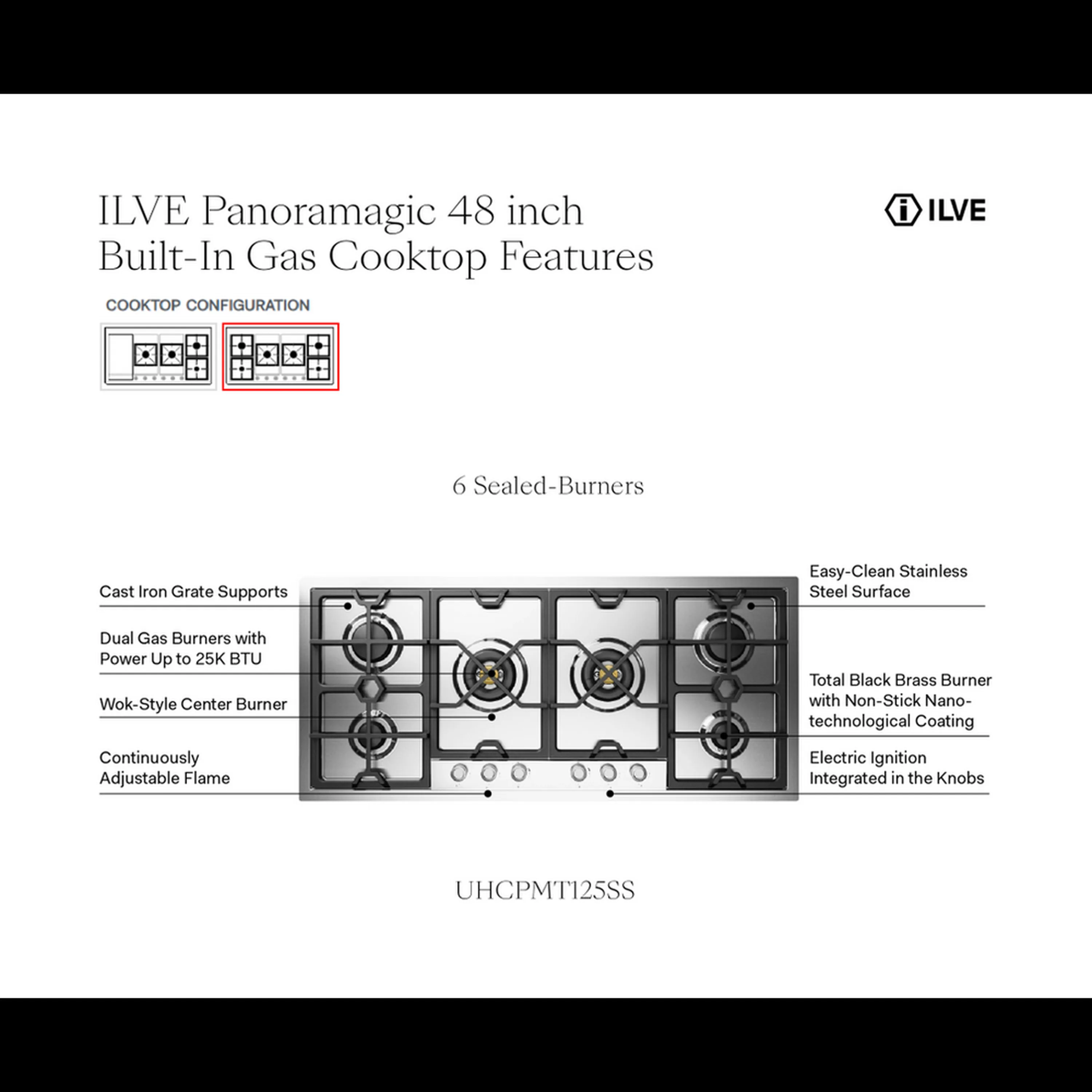 ILVE Panoramagic 48-Inch Built-In Gas Cooktop with Total Black Brass Burners in Stainless Steel with 6 Sealed Burners (UHCPMT125SS) - Image 10