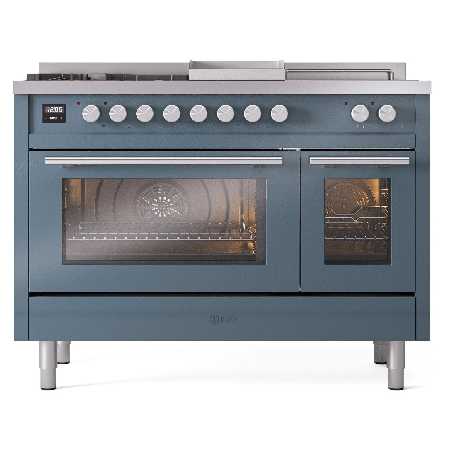 ILVE Professional Plus II 48-inch Natural Gas Dual Fuel Range with 5 Burners, Griddle, & French Top with Triple Glass Door Oven in Blue Grey (UP48FSWMPBG) - Image 2
