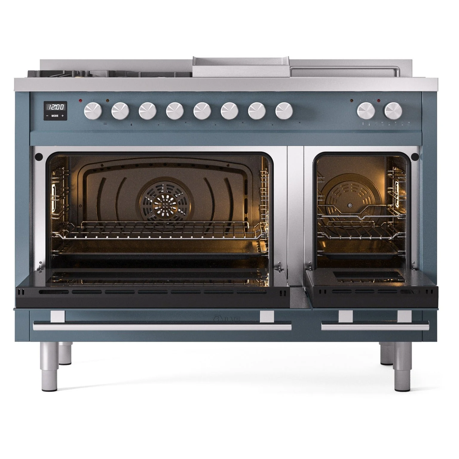 ILVE Professional Plus II 48-inch Natural Gas Dual Fuel Range with 5 Burners, Griddle, & French Top with Triple Glass Door Oven in Blue Grey (UP48FSWMPBG) - Image 5