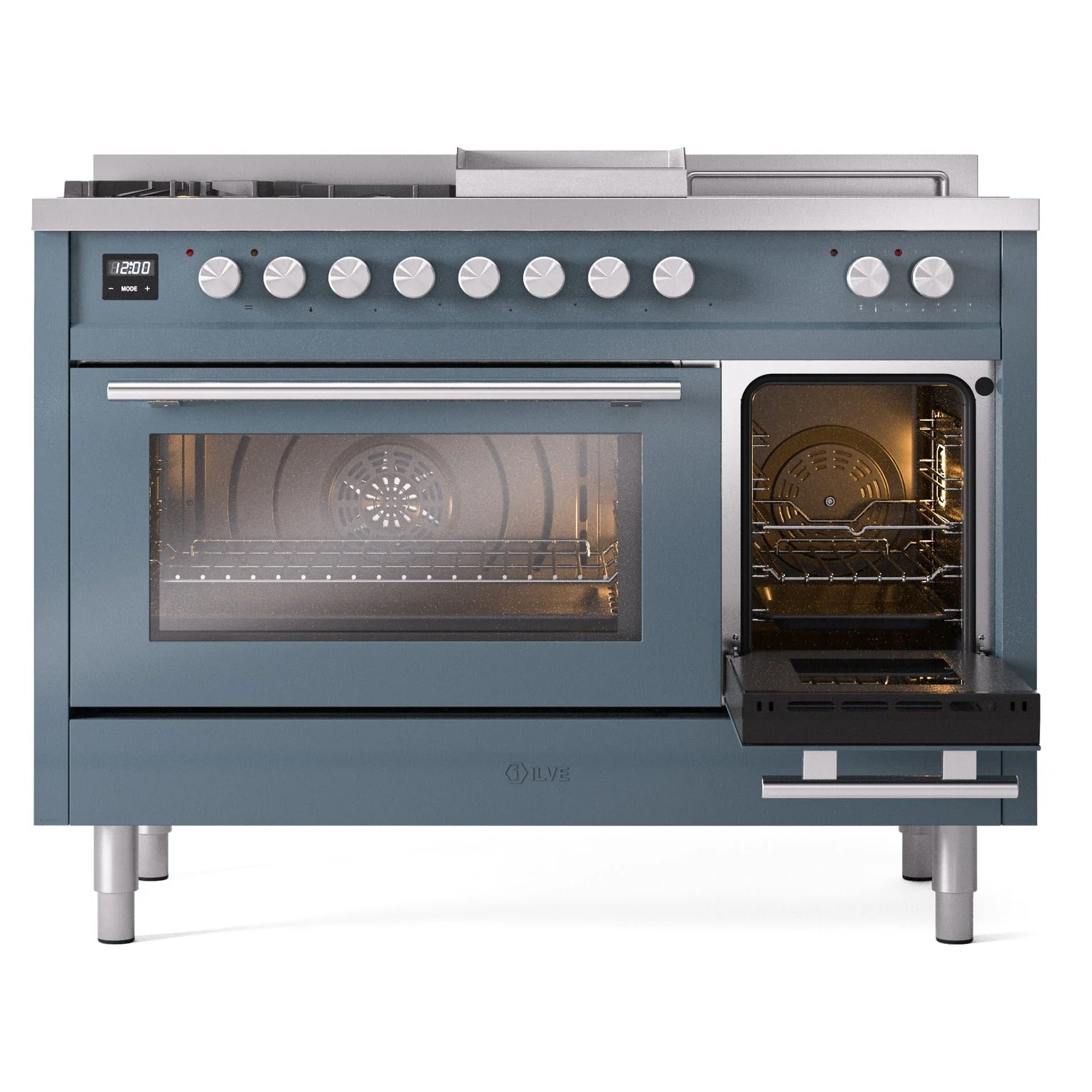 ILVE Professional Plus II 48-inch Natural Gas Dual Fuel Range with 5 Burners, Griddle, & French Top with Triple Glass Door Oven in Blue Grey (UP48FSWMPBG) - Image 7