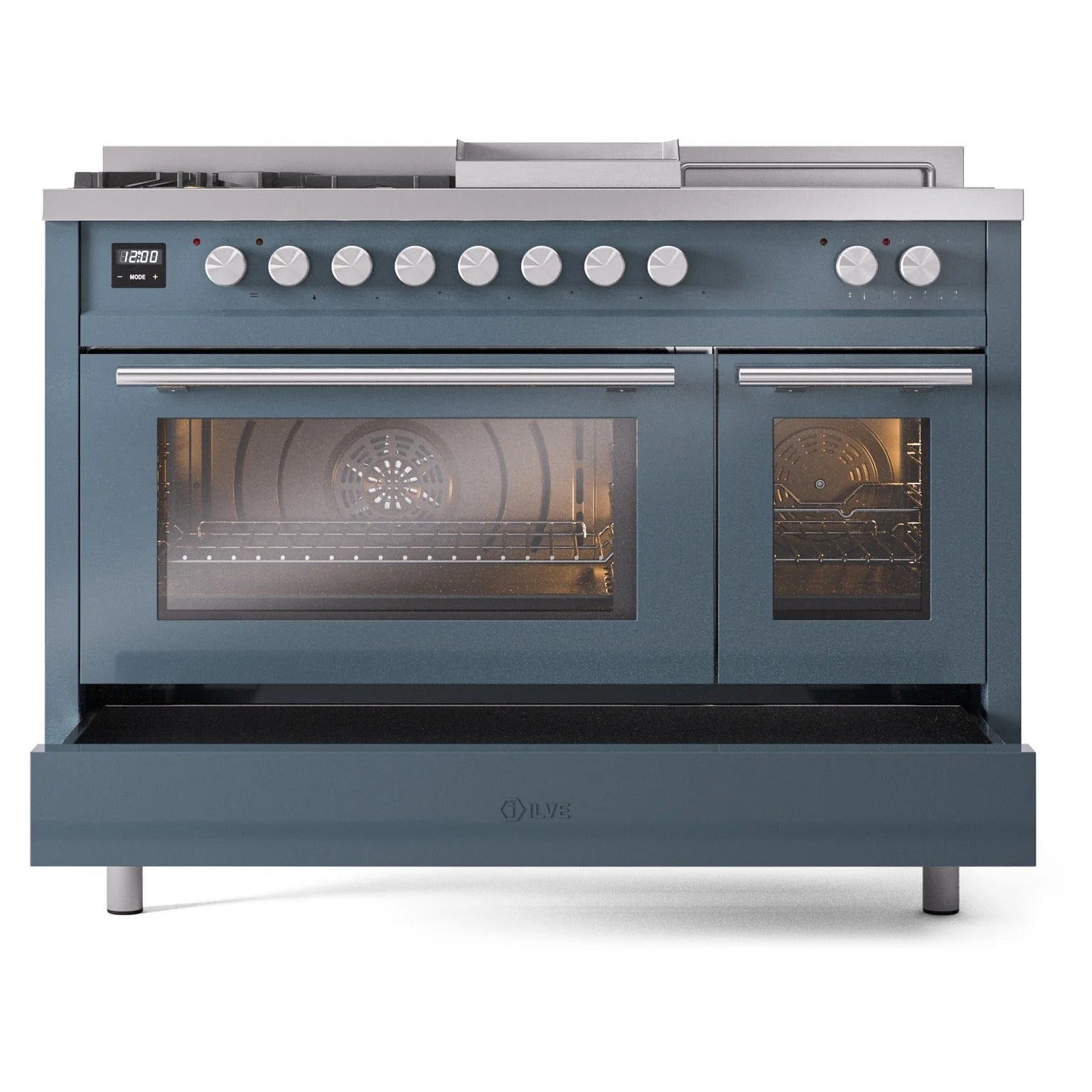ILVE Professional Plus II 48-inch Natural Gas Dual Fuel Range with 5 Burners, Griddle, & French Top with Triple Glass Door Oven in Blue Grey (UP48FSWMPBG) - Image 8