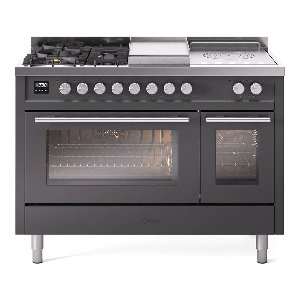 ILVE Professional Plus II 48-inch Natural Gas Dual Fuel Range with 5 Burners, Griddle, & French Top with Triple Glass Door Oven in Matte Graphite (UP48FSWMPMG) - Image 11