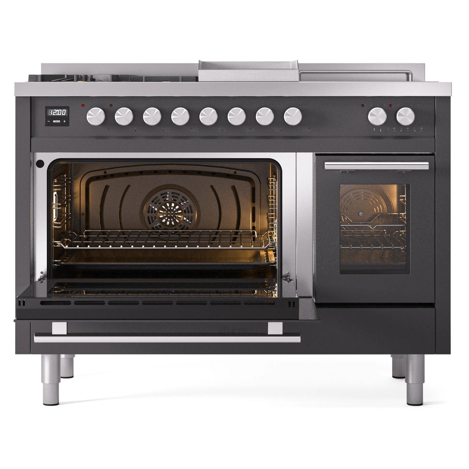 ILVE Professional Plus II 48-inch Natural Gas Dual Fuel Range with 5 Burners, Griddle, & French Top with Triple Glass Door Oven in Matte Graphite (UP48FSWMPMG) - Image 2