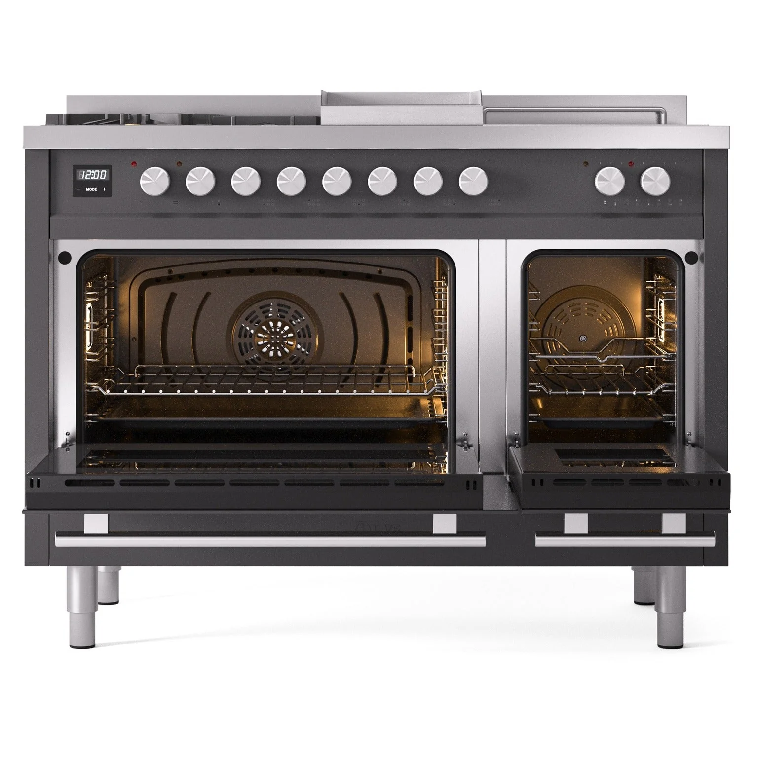 ILVE Professional Plus II 48-inch Natural Gas Dual Fuel Range with 5 Burners, Griddle, & French Top with Triple Glass Door Oven in Matte Graphite (UP48FSWMPMG) - Image 5