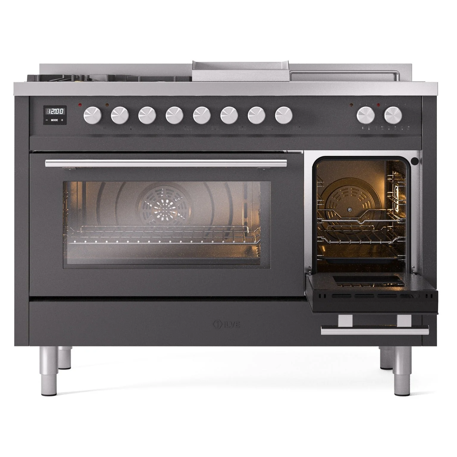 ILVE Professional Plus II 48-inch Natural Gas Dual Fuel Range with 5 Burners, Griddle, & French Top with Triple Glass Door Oven in Matte Graphite (UP48FSWMPMG) - Image 6