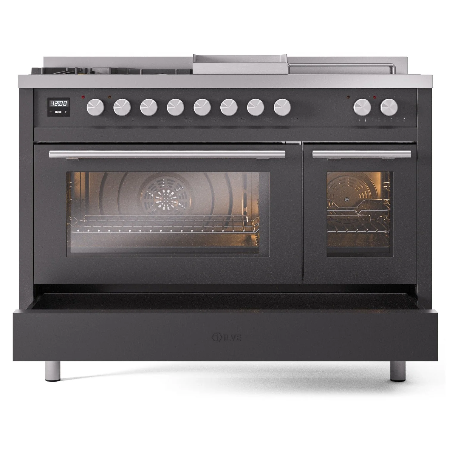 ILVE Professional Plus II 48-inch Natural Gas Dual Fuel Range with 5 Burners, Griddle, & French Top with Triple Glass Door Oven in Matte Graphite (UP48FSWMPMG) - Image 7
