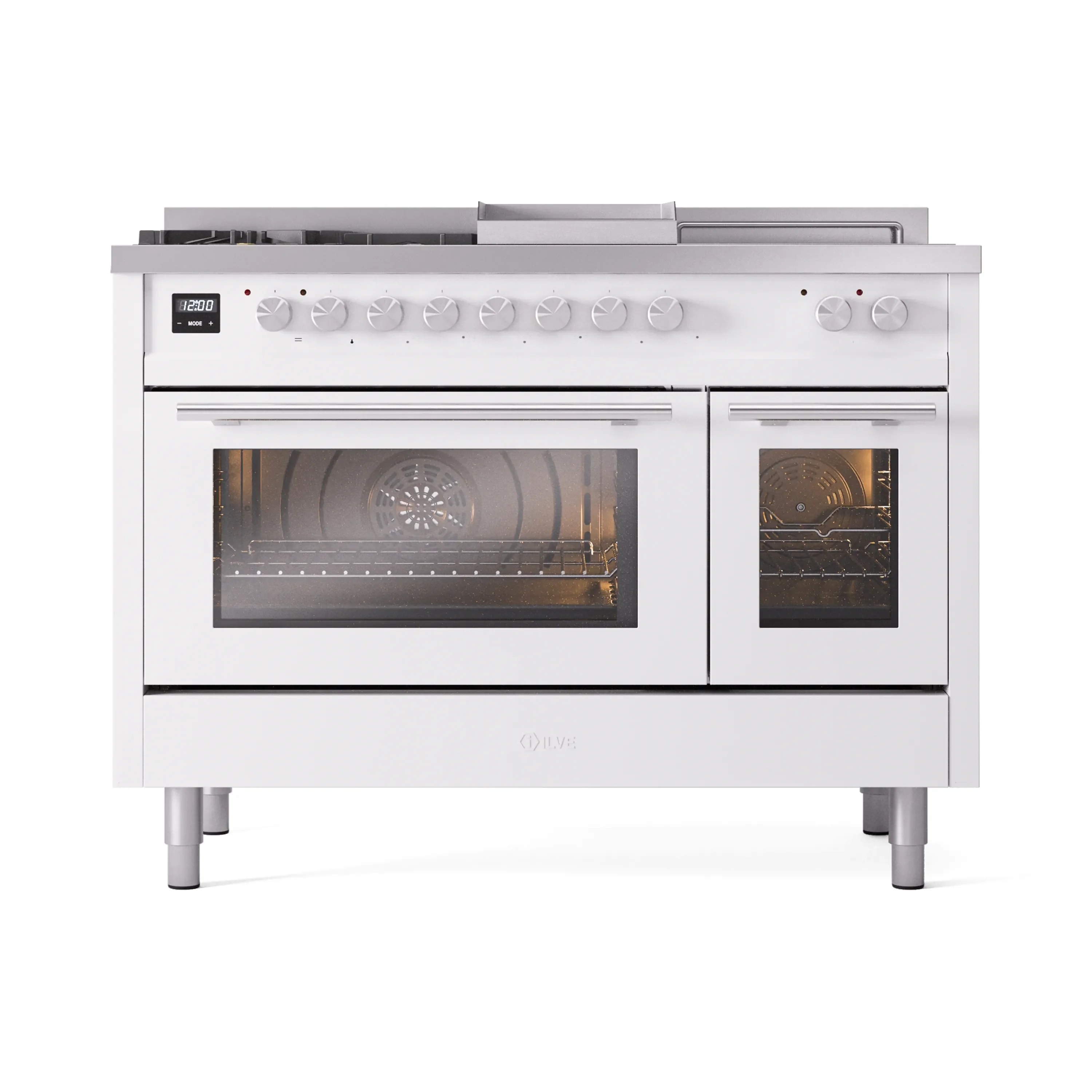 ILVE Professional Plus II 48-inch Natural Gas Dual Fuel Range with 5 Burners, Griddle, & French Top with Triple Glass Door Oven in White (UP48FSWMPWH) - Image 2