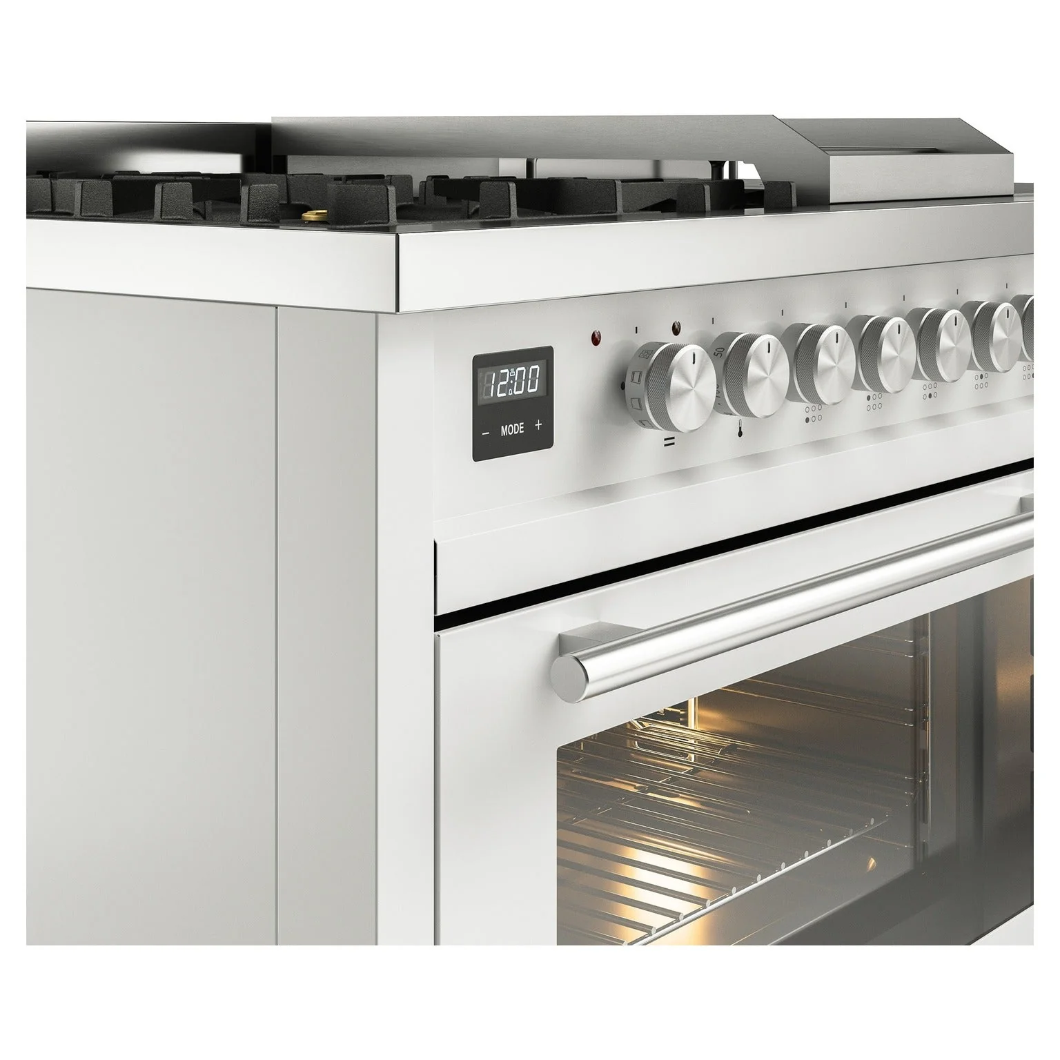 ILVE Professional Plus II 48-inch Natural Gas Dual Fuel Range with 5 Burners, Griddle, & French Top with Triple Glass Door Oven in White (UP48FSWMPWH) - Image 3