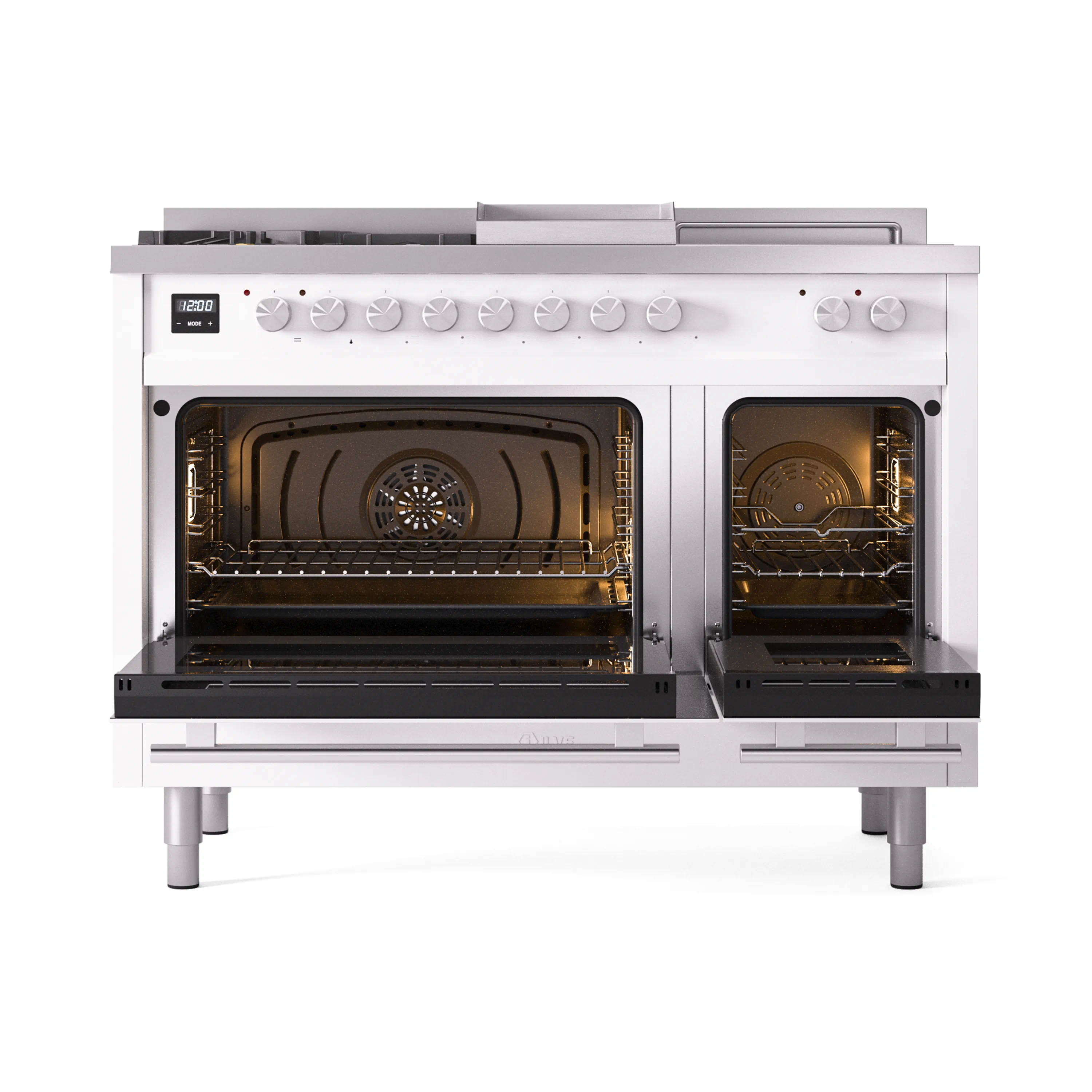 ILVE Professional Plus II 48-inch Natural Gas Dual Fuel Range with 5 Burners, Griddle, & French Top with Triple Glass Door Oven in White (UP48FSWMPWH) - Image 5