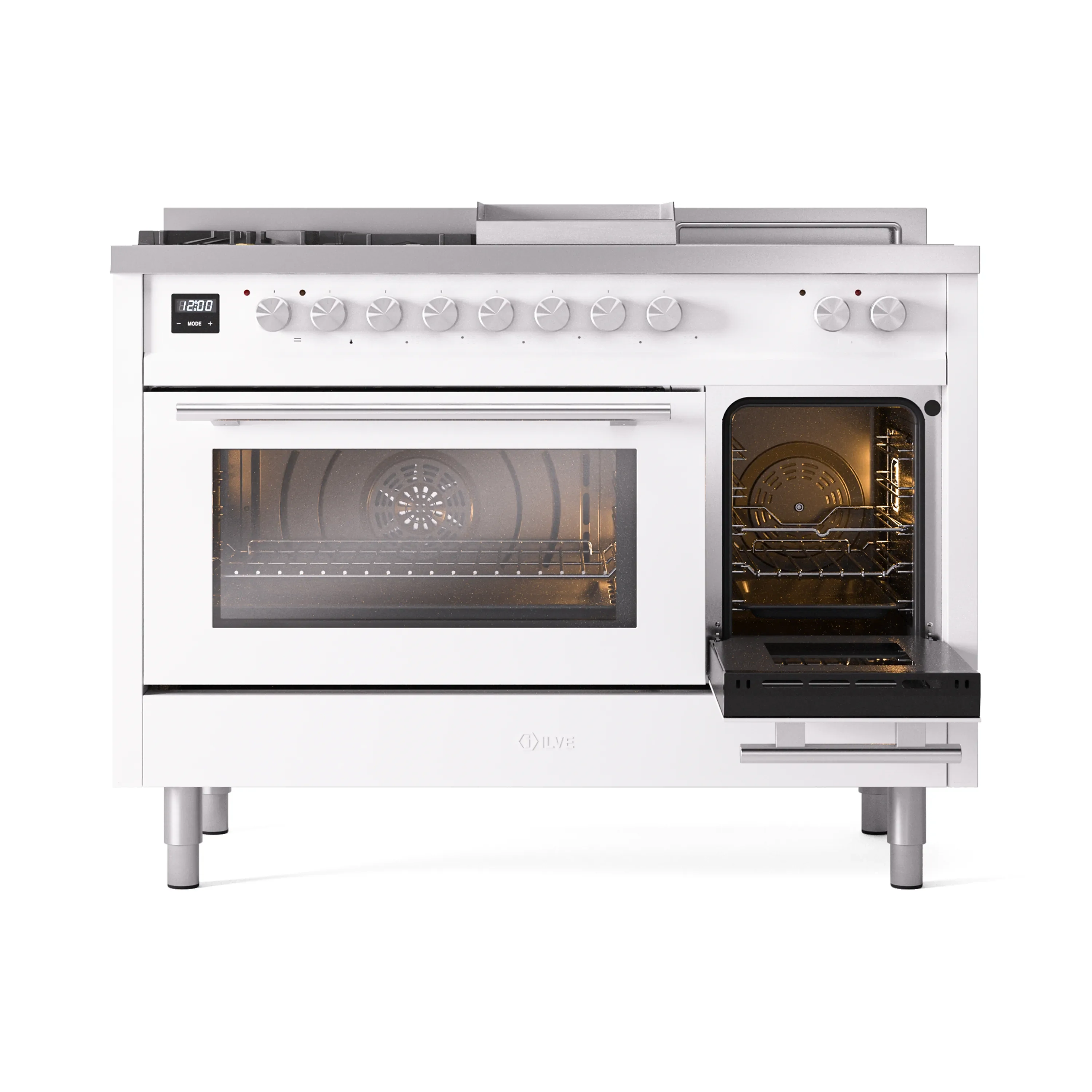 ILVE Professional Plus II 48-inch Natural Gas Dual Fuel Range with 5 Burners, Griddle, & French Top with Triple Glass Door Oven in White (UP48FSWMPWH) - Image 6