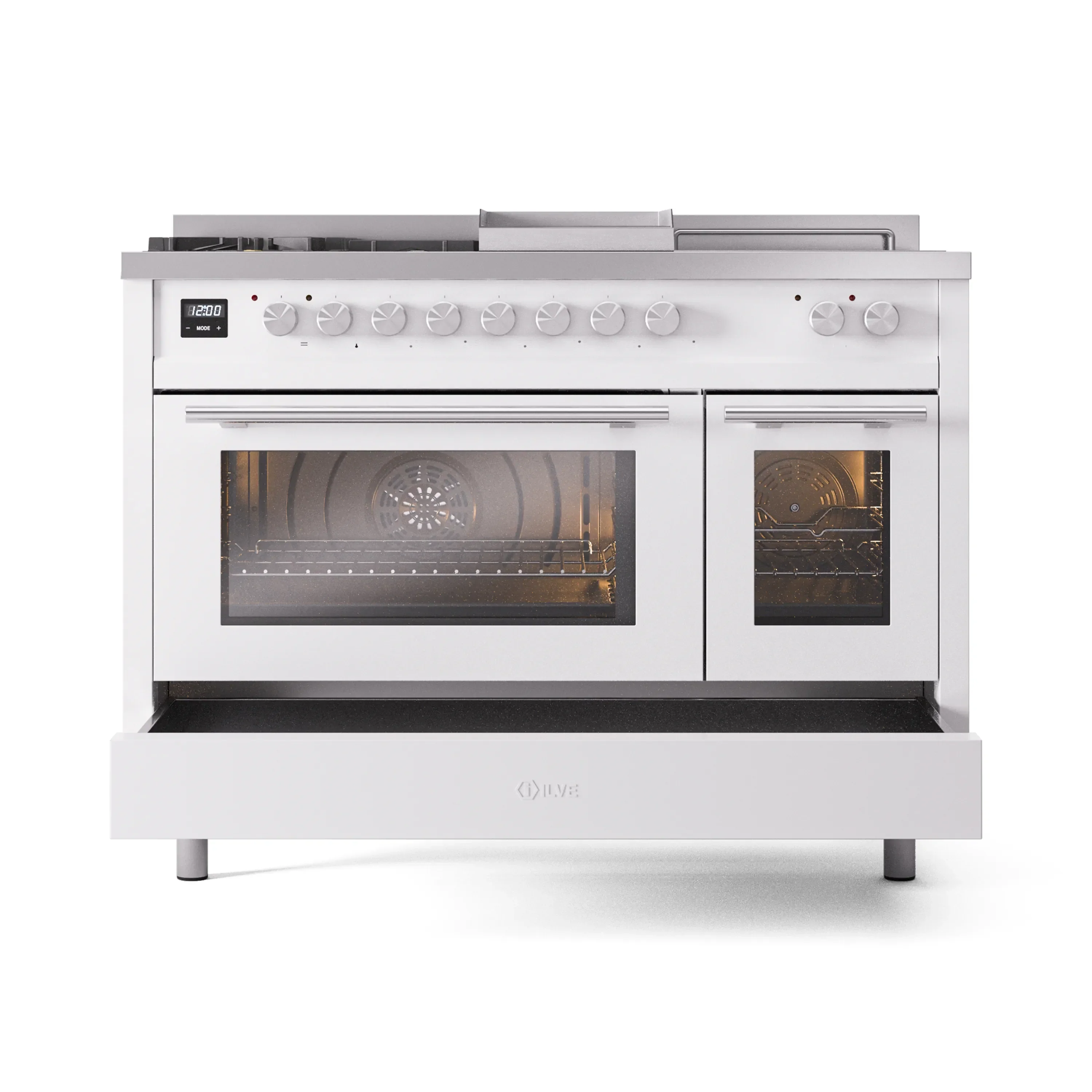 ILVE Professional Plus II 48-inch Natural Gas Dual Fuel Range with 5 Burners, Griddle, & French Top with Triple Glass Door Oven in White (UP48FSWMPWH) - Image 7
