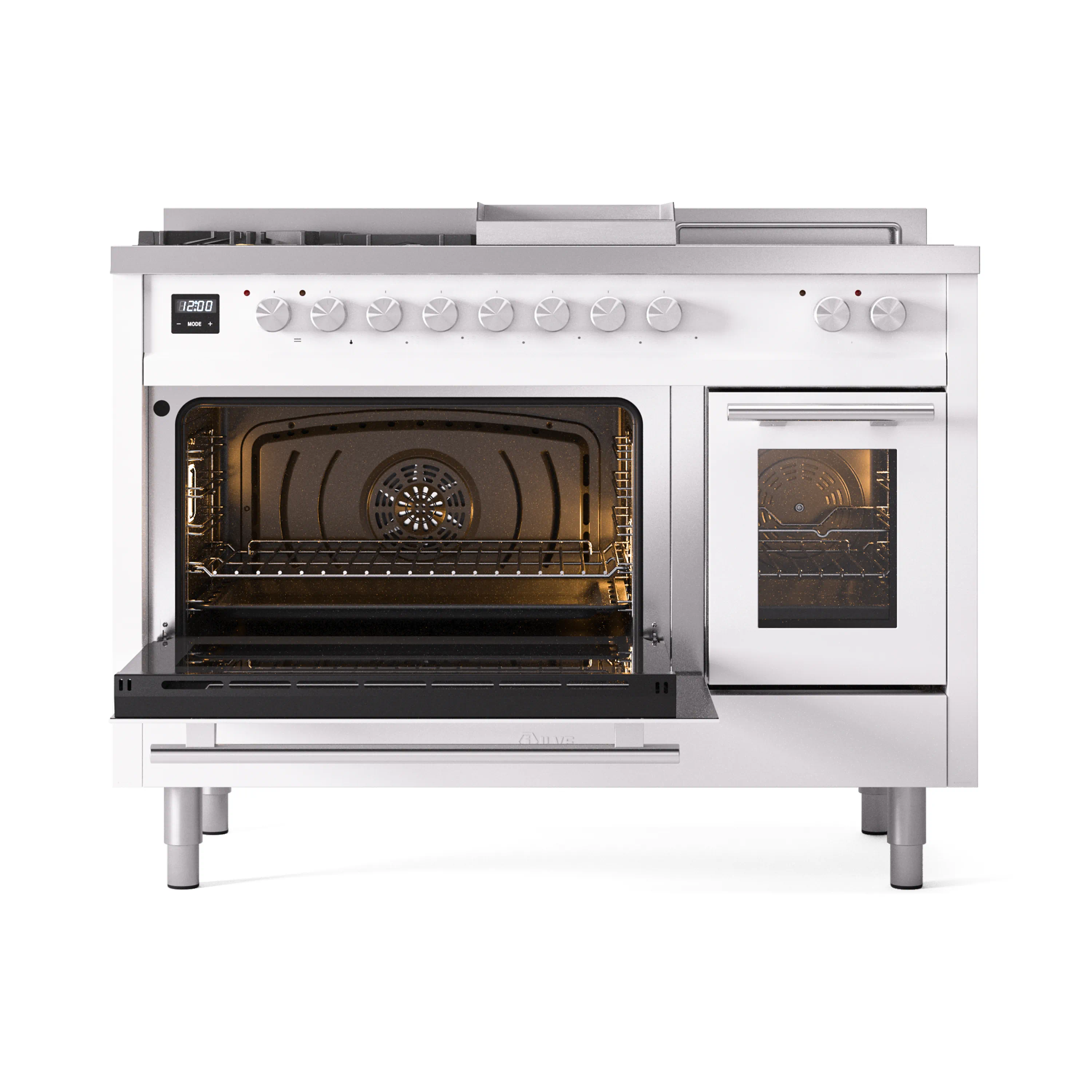 ILVE Professional Plus II 48-inch Natural Gas Dual Fuel Range with 5 Burners, Griddle, & French Top with Triple Glass Door Oven in White (UP48FSWMPWH) - Image 8