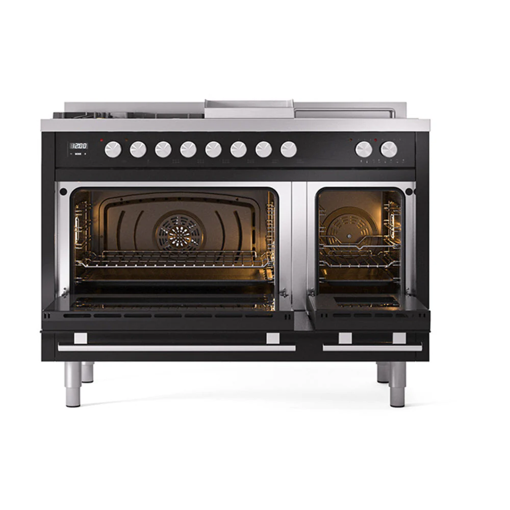 ILVE Professional Plus II 48-inch Natural Gas Dual Fuel Range with 5 Burners, Griddle, & French Top with Solid Door Oven in Glossy Black (UP48FSQMPBK) - Image 2