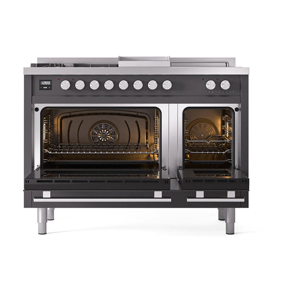 ILVE Professional Plus II 48-inch Natural Gas Dual Fuel Range with 5 Burners, Griddle, & French Top with Solid Door Oven in Matte Graphite (UP48FSQMPMG) - Image 2