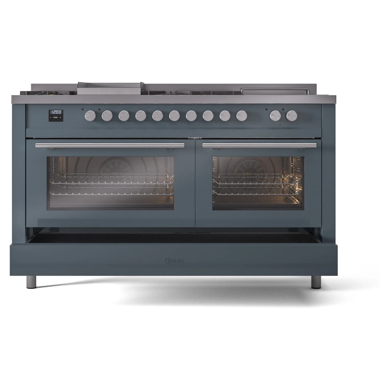 ILVE Professional Plus II 60-Inch Natural Gas Dual Fuel Range with 7 Burners, Griddle, & French Top with Solid Door Oven in Blue Grey (UP60FSQMPBG) - Image 10
