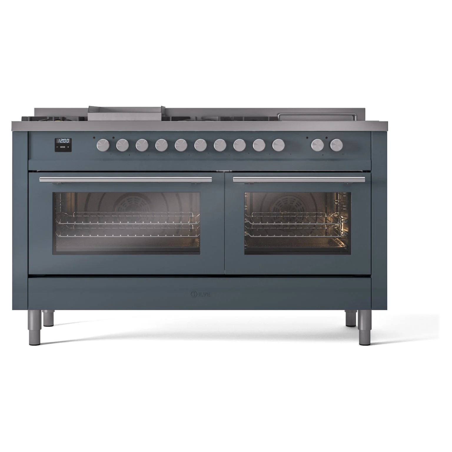 ILVE Professional Plus II 60-Inch Natural Gas Dual Fuel Range with 7 Burners, Griddle, & French Top with Solid Door Oven in Blue Grey (UP60FSQMPBG) - Image 2
