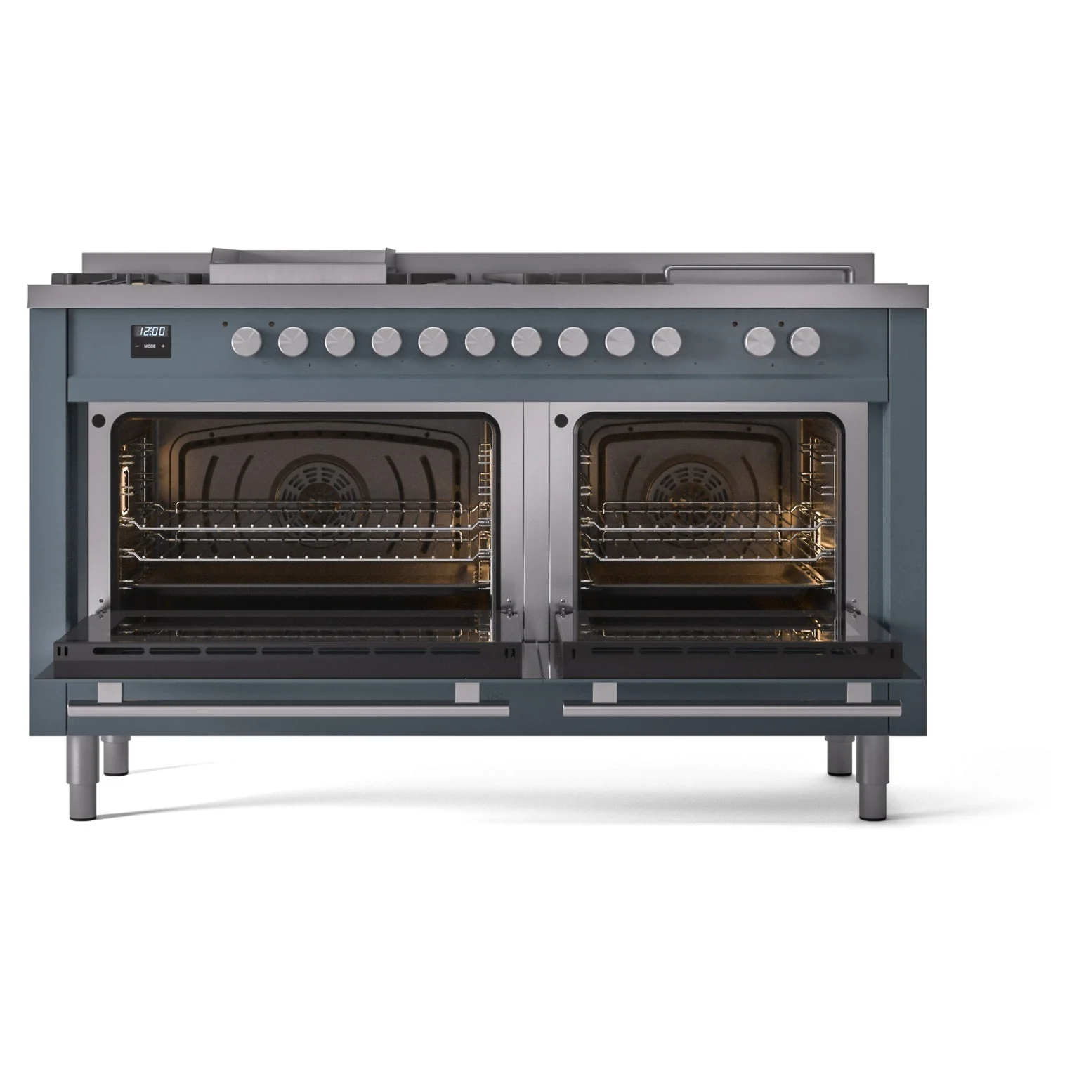 ILVE Professional Plus II 60-Inch Natural Gas Dual Fuel Range with 7 Burners, Griddle, & French Top with Solid Door Oven in Blue Grey (UP60FSQMPBG) - Image 5