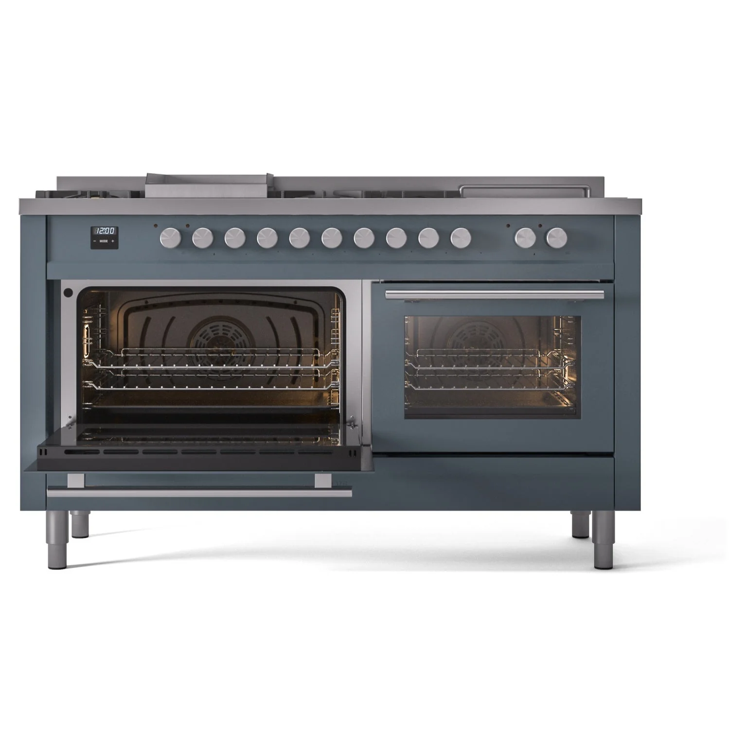 ILVE Professional Plus II 60-Inch Natural Gas Dual Fuel Range with 7 Burners, Griddle, & French Top with Solid Door Oven in Blue Grey (UP60FSQMPBG) - Image 6