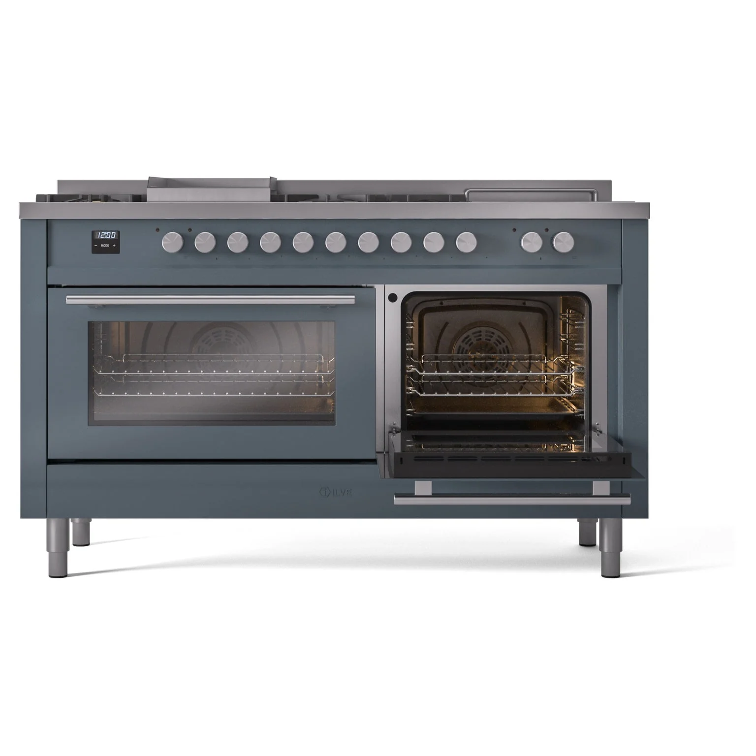 ILVE Professional Plus II 60-Inch Natural Gas Dual Fuel Range with 7 Burners, Griddle, & French Top with Solid Door Oven in Blue Grey (UP60FSQMPBG) - Image 7