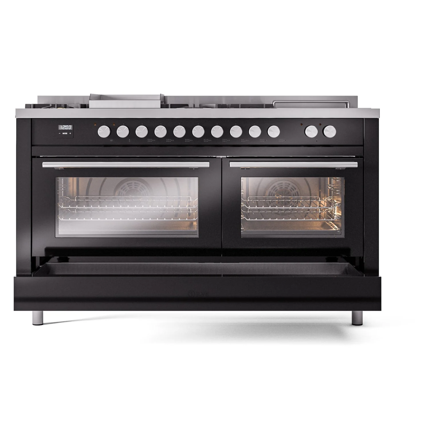 ILVE Professional Plus II 60-Inch Natural Gas Dual Fuel Range with 7 Burners, Griddle, & French Top with Solid Door Oven in Glossy Black (UP60FSQMPBK) - Image 10