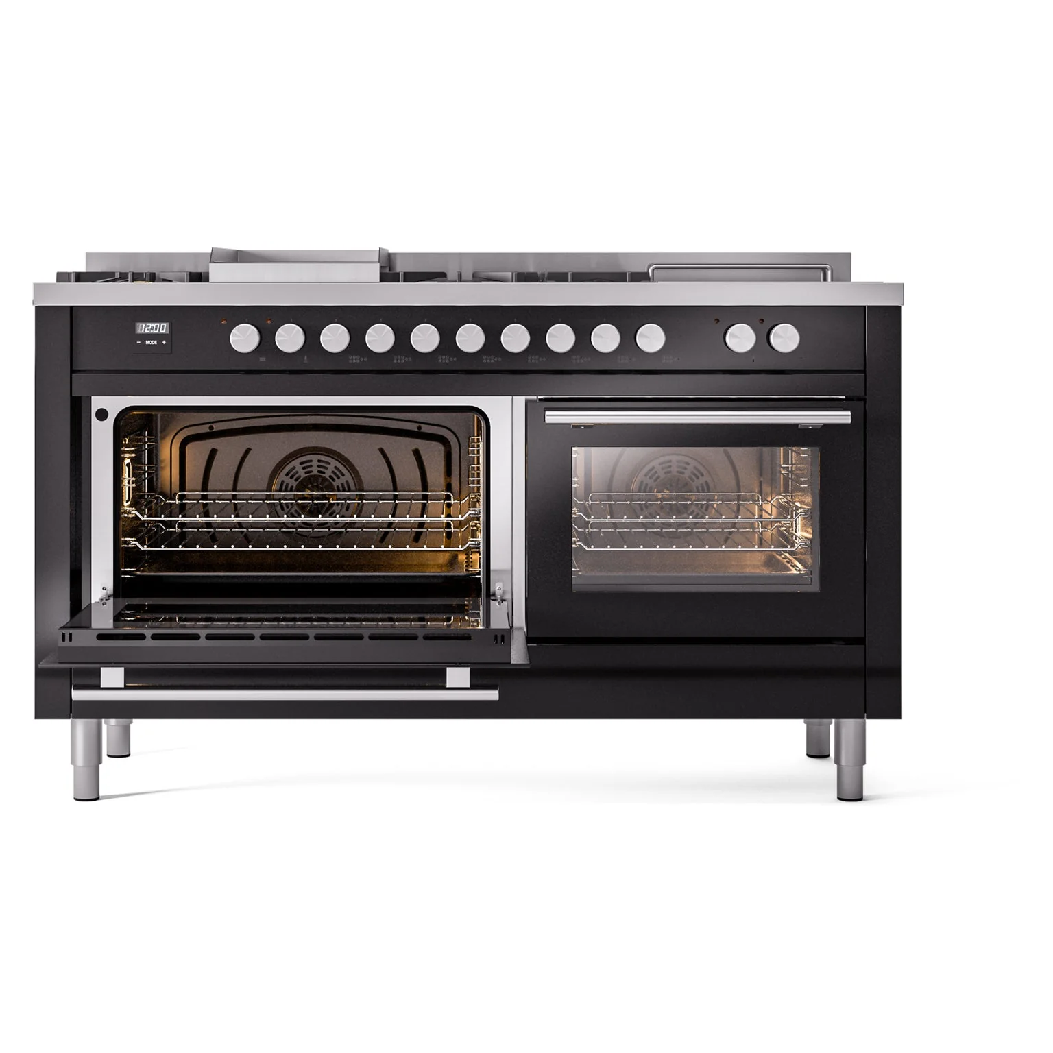 ILVE Professional Plus II 60-Inch Natural Gas Dual Fuel Range with 7 Burners, Griddle, & French Top with Solid Door Oven in Glossy Black (UP60FSQMPBK) - Image 2