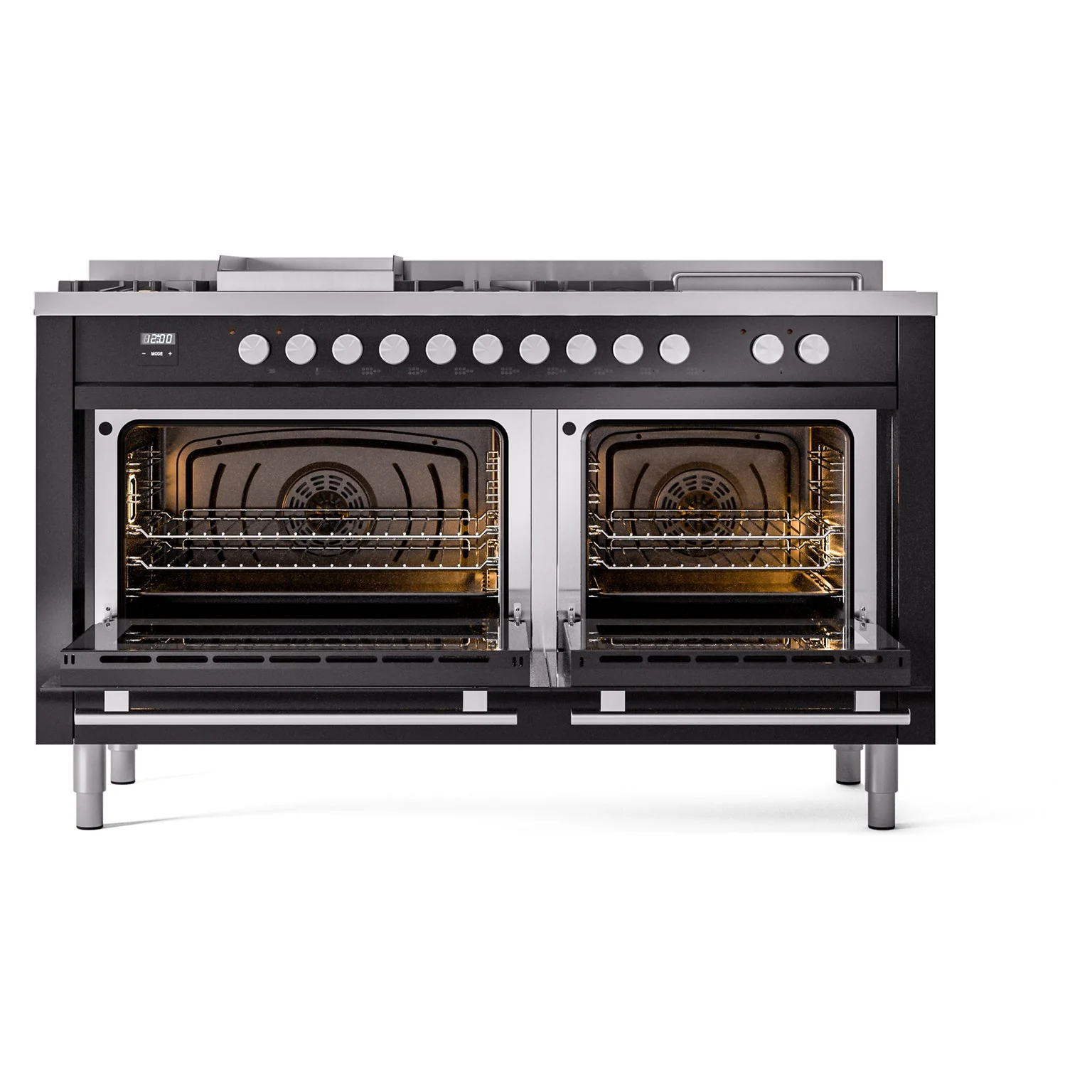 ILVE Professional Plus II 60-Inch Natural Gas Dual Fuel Range with 7 Burners, Griddle, & French Top with Solid Door Oven in Glossy Black (UP60FSQMPBK) - Image 5
