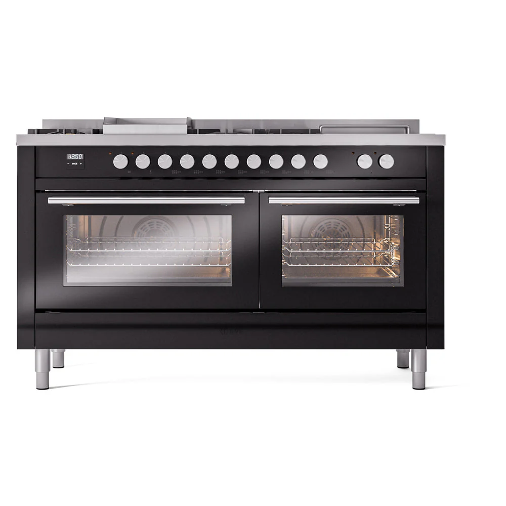 ILVE Professional Plus II 60-Inch Natural Gas Dual Fuel Range with 7 Burners, Griddle, & French Top with Solid Door Oven in Glossy Black (UP60FSQMPBK) - Image 6