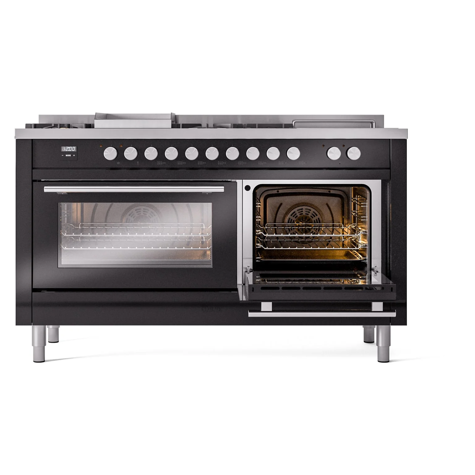 ILVE Professional Plus II 60-Inch Natural Gas Dual Fuel Range with 7 Burners, Griddle, & French Top with Solid Door Oven in Glossy Black (UP60FSQMPBK) - Image 7