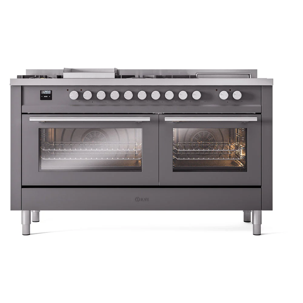 ILVE Professional Plus II 60-Inch Natural Gas Dual Fuel Range with 7 Burners, Griddle, & French Top with Solid Door Oven in Matte Graphite (UP60FSQMPMG) - Image 2