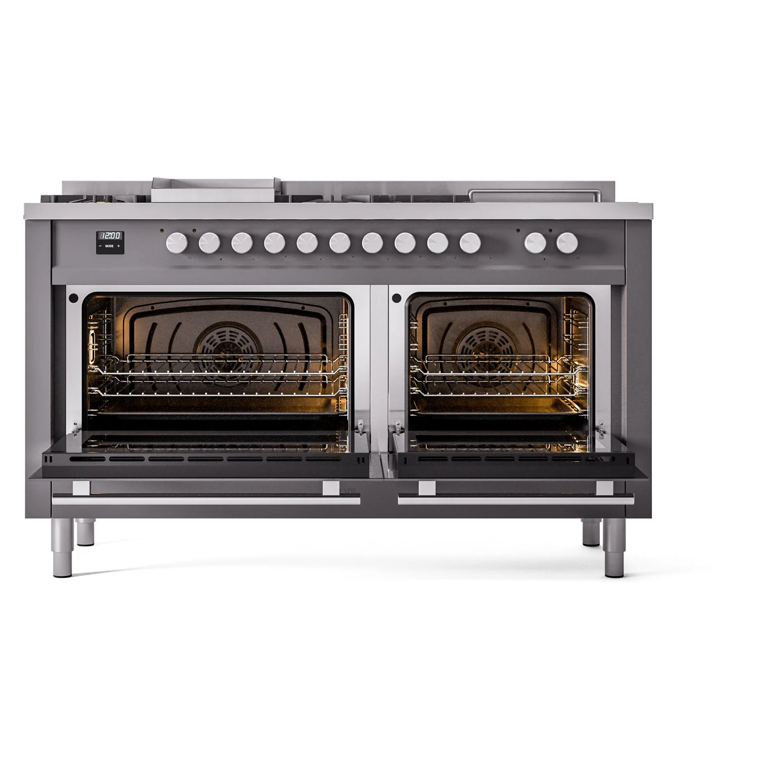 ILVE Professional Plus II 60-Inch Natural Gas Dual Fuel Range with 7 Burners, Griddle, & French Top with Solid Door Oven in Matte Graphite (UP60FSQMPMG) - Image 5