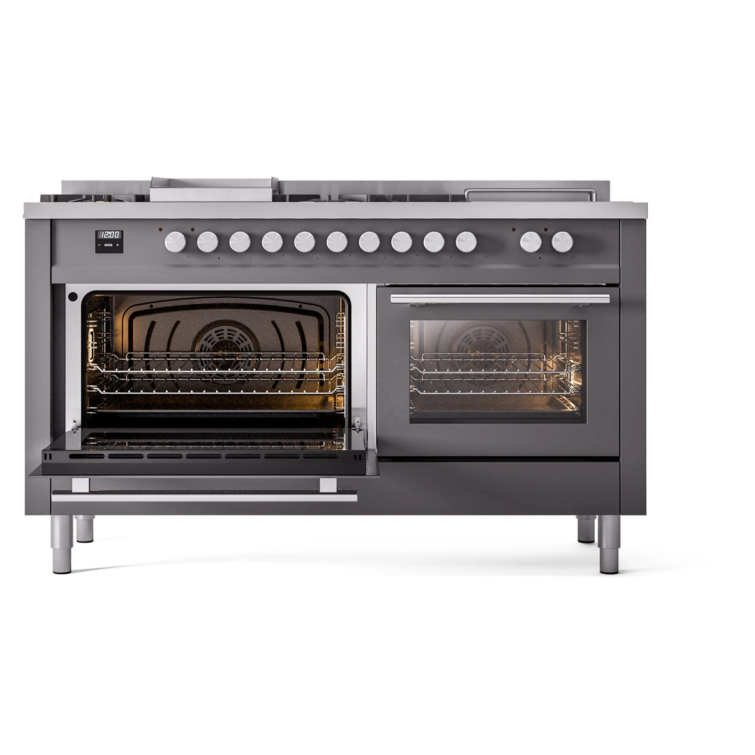 ILVE Professional Plus II 60-Inch Natural Gas Dual Fuel Range with 7 Burners, Griddle, & French Top with Solid Door Oven in Matte Graphite (UP60FSQMPMG) - Image 6