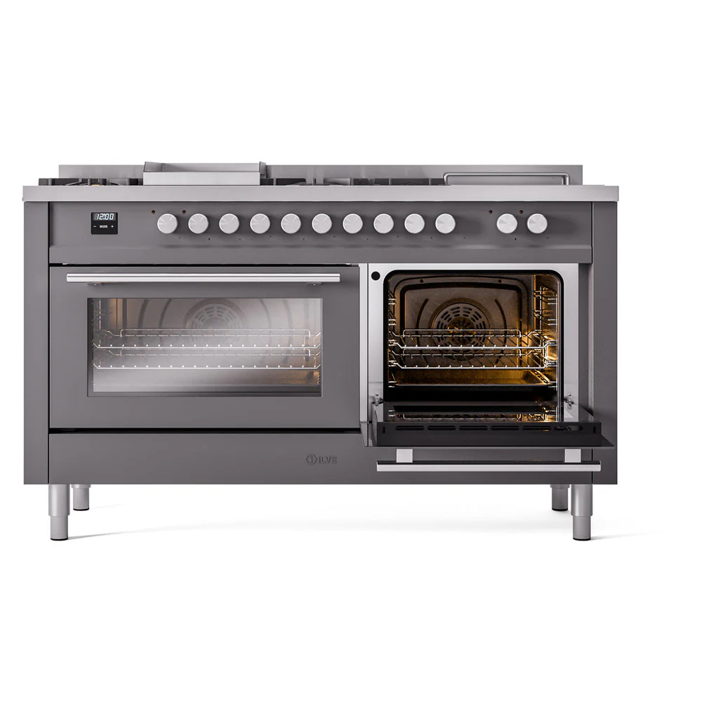 ILVE Professional Plus II 60-Inch Natural Gas Dual Fuel Range with 7 Burners, Griddle, & French Top with Solid Door Oven in Matte Graphite (UP60FSQMPMG) - Image 7